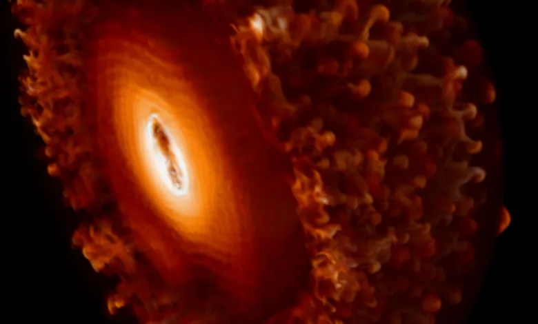 Swirling orange and white liquid abstractly resembles a glowing celestial sphere or cosmic nebula.