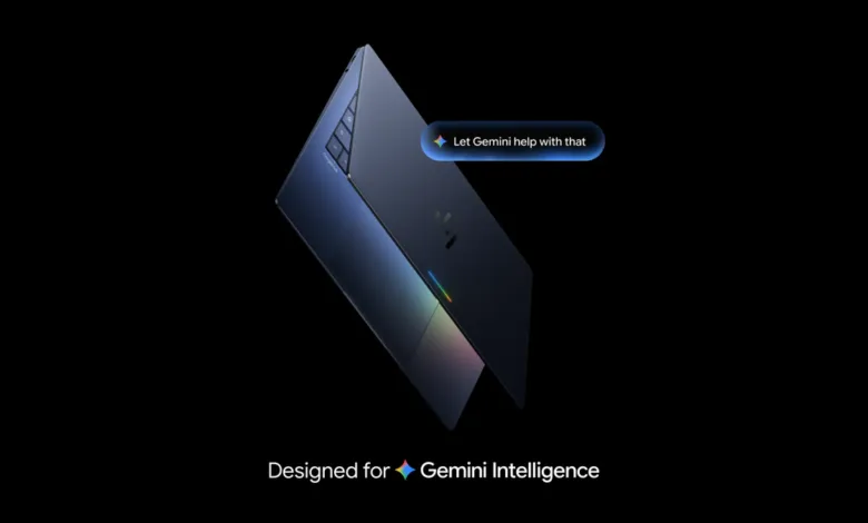 Sleek dark laptop angled against a black background with a glowing Gemini AI prompt bubble.