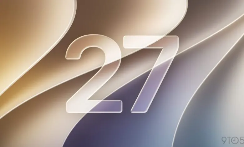 The number 27 in frosted glass over an abstract beige and purple background.