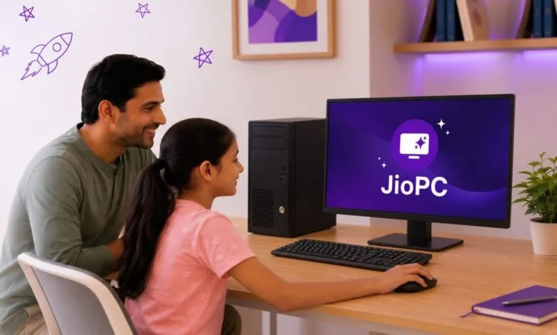 Father and daughter smiling together while looking at a JioPC desktop computer screen.
