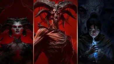 Three vertical panels featuring fantasy characters: Lilith, a horned demon, and a hooded figure holding a crystal.