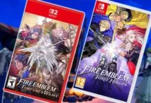 Two Nintendo Switch game cases featuring Fire Emblem games against a blurred background.