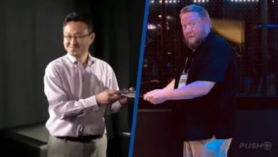 Split screen showing Shuhei Yoshida smiling on the left and a man reacting with surprise on the right