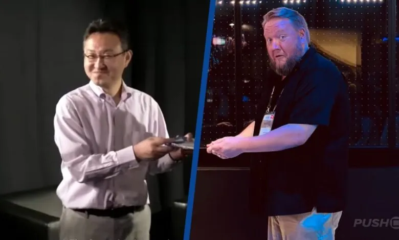 Split screen showing Shuhei Yoshida smiling on the left and a man reacting with surprise on the right