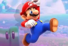 Mario jumps joyfully against a colorful, dreamy fantasy landscape background.
