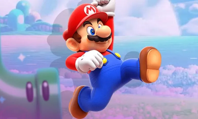 Mario jumps joyfully against a colorful, dreamy fantasy landscape background.