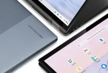 Close-up of a blue Chromebook Plus laptop closed and another open displaying the ChromeOS interface.