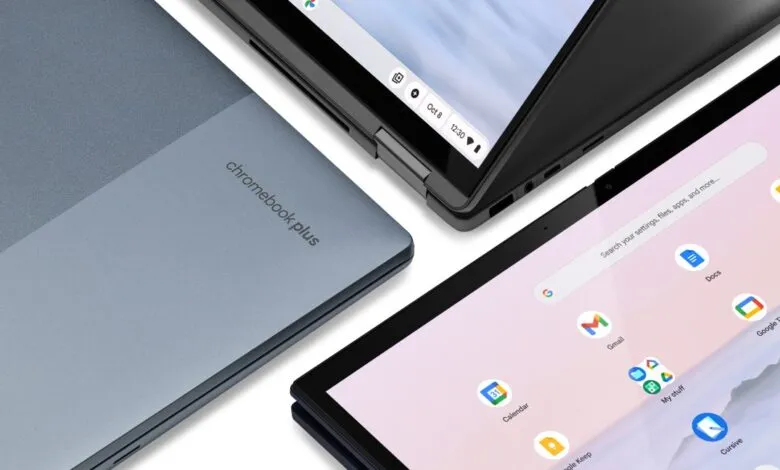 Close-up of a blue Chromebook Plus laptop closed and another open displaying the ChromeOS interface.
