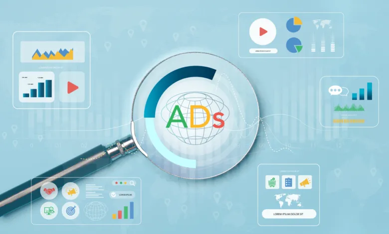 Magnifying glass over a globe with the word ADS, surrounded by digital marketing charts and graphs