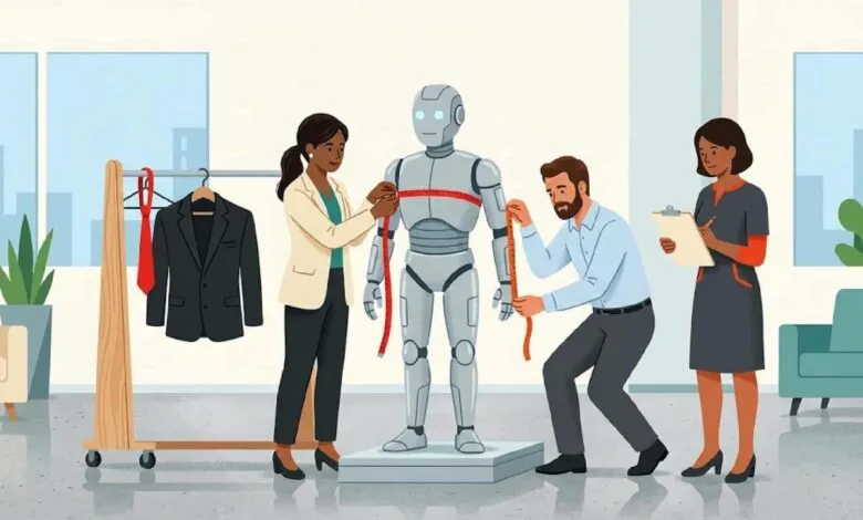 Three tailors measuring a futuristic humanoid robot for a custom suit in a bright modern office.