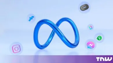 3D metallic blue Meta infinity logo surrounded by Facebook, Instagram, WhatsApp, and VR icons.