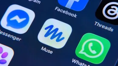 Smartphone home screen featuring the Meta Muse app icon alongside Facebook, Messenger, and WhatsApp.