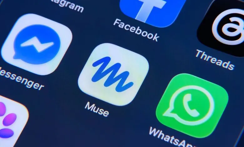 Smartphone home screen featuring the Meta Muse app icon alongside Facebook, Messenger, and WhatsApp.