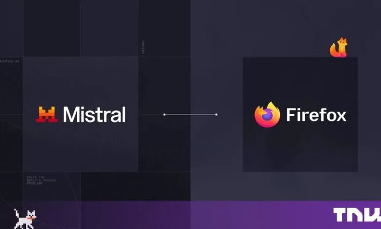 Mistral and Firefox logos displayed side by side on a dark gray grid background with subtle tech graphics.