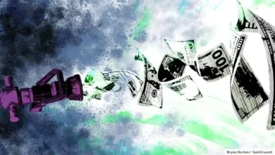 Abstract illustration of a purple firehose spraying 100 dollar bills across a textured background.