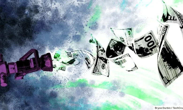 Abstract illustration of a purple firehose spraying 100 dollar bills across a textured background.