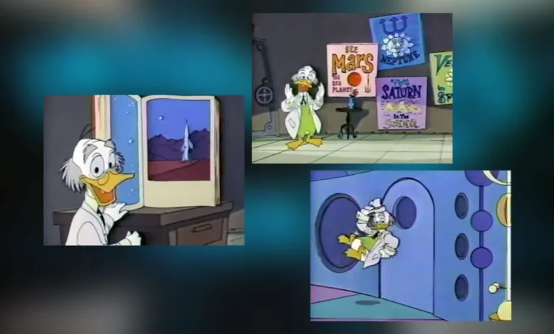 Collage of scenes featuring Ludwig Von Drake in a laboratory with space posters.