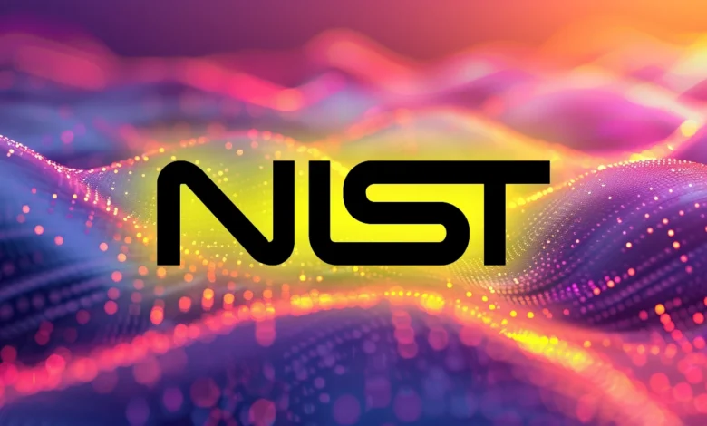 NIST logo set against a vibrant, glowing abstract background of pink, purple, and gold waves.
