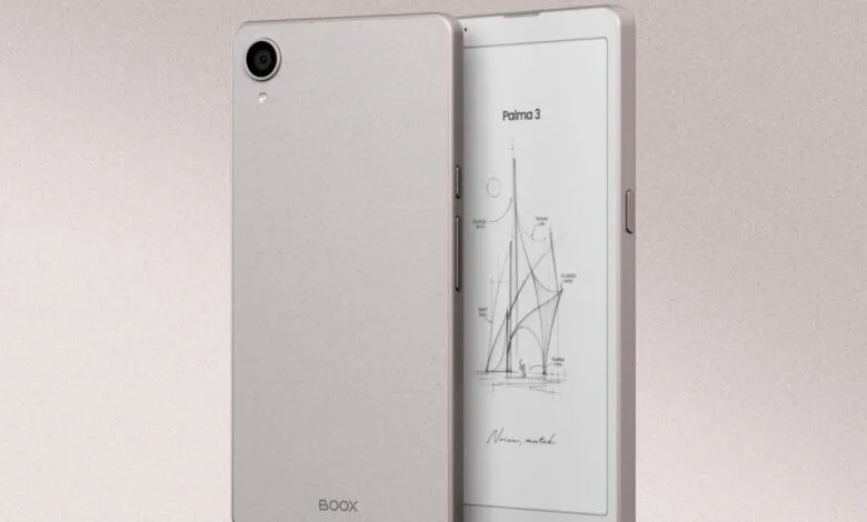 Sleek silver BOOX Palma 3 e-reader showing back and front display angles.
