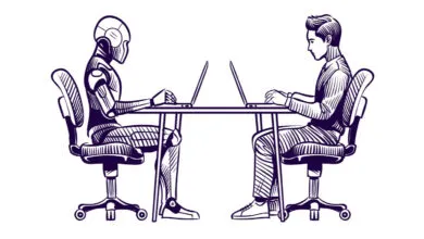 Sketch of a humanoid robot and a man sitting opposite each other at a desk working on laptops.