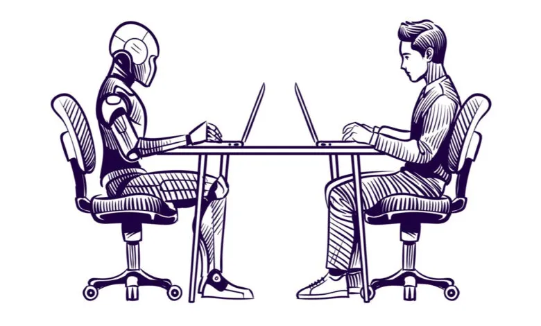 Sketch of a humanoid robot and a man sitting opposite each other at a desk working on laptops.