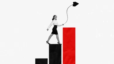 A businesswoman in glasses walks confidently across a growing bar chart, pulling a black arrow.