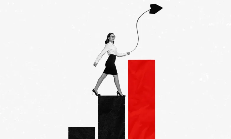 A businesswoman in glasses walks confidently across a growing bar chart, pulling a black arrow.