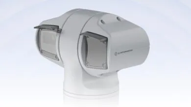 Quartermaster Smartmast marine camera system with dual lenses against a gradient background.