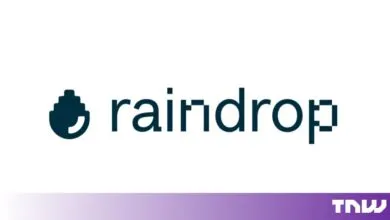 Dark blue minimalist logo for Raindrop featuring a pixelated raindrop icon and text.