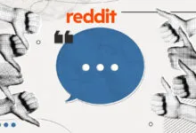 Reddit logo above a blue speech bubble flanked by halftone hands giving thumbs up and thumbs down.