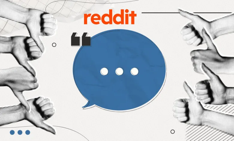 Reddit logo above a blue speech bubble flanked by halftone hands giving thumbs up and thumbs down.