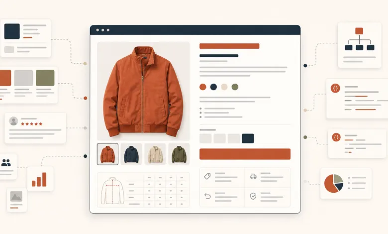 An e-commerce product page for an orange jacket connected to various SEO and analytics metrics.