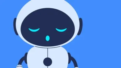 Illustration of a cute sleepy robot with closed glowing blue eyes against a bright blue background.
