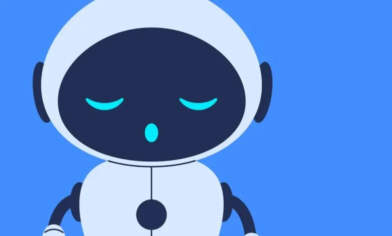 Illustration of a cute sleepy robot with closed glowing blue eyes against a bright blue background.