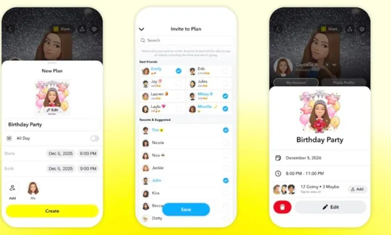 Three smartphone screens displaying Snapchat's Plans feature for creating events and inviting friends.