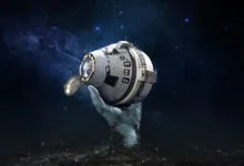 A skeletal hand emerging from the ground holds a Boeing Starliner spacecraft against a starry night sky.