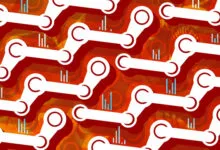 A repeating pattern of white Steam logo shapes on a vibrant orange and red background.