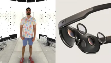 Split image showing a man standing in a white capture studio alongside a detailed 3D render of smart glasses.