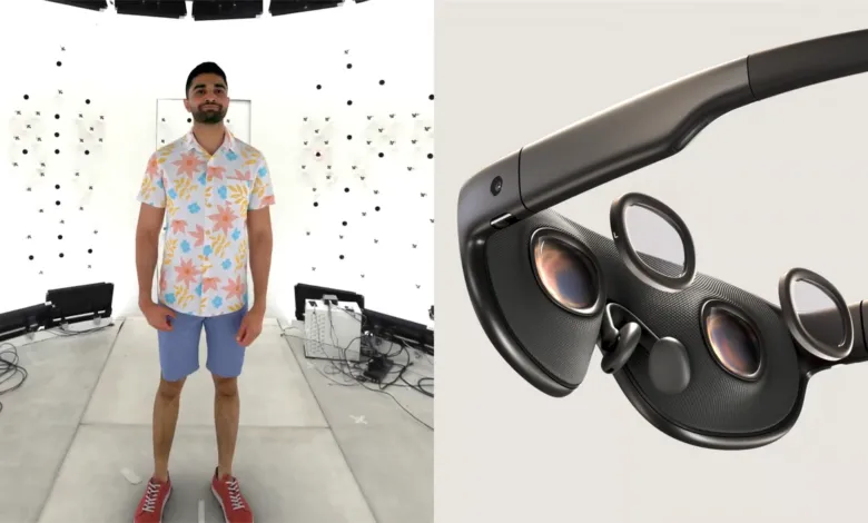 Split image showing a man standing in a white capture studio alongside a detailed 3D render of smart glasses.