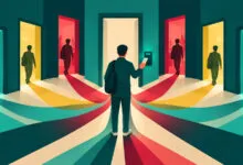 A person scans a smart card at a central security door leading to multiple colorful pathways.