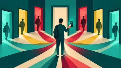 A person scans a smart card at a central security door leading to multiple colorful pathways.