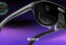 Close-up of sleek URXR One smart glasses against a vibrant purple and black background.