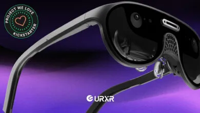 Close-up of sleek URXR One smart glasses against a vibrant purple and black background.
