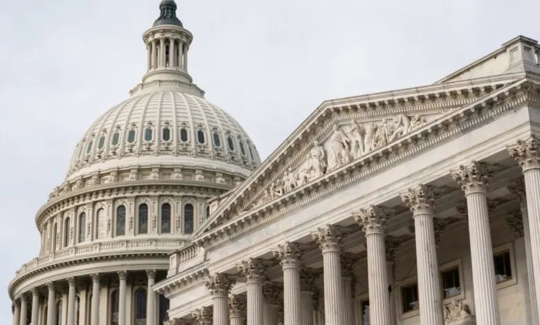 The iconic white dome and neoclassical facade of the US Capitol building against a pale sky.
