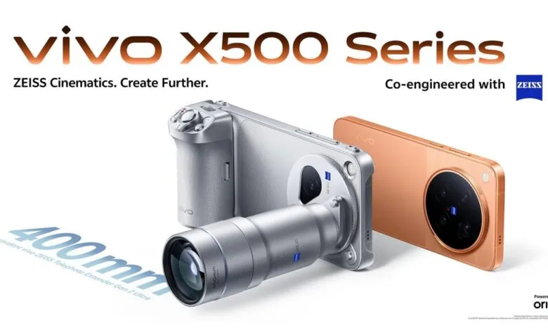 Promotional banner for the vivo X500 Series showcasing a silver camera grip and a copper smartphone.