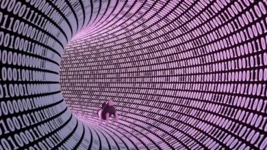A tiny creature running through a tunnel of binary code in shades of purple and black