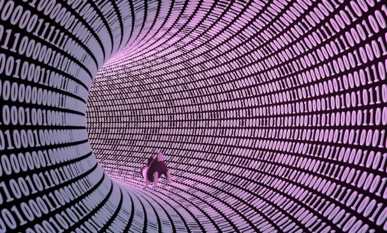 A tiny creature running through a tunnel of binary code in shades of purple and black