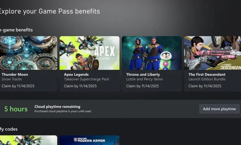 Xbox dashboard displaying Game Pass perks and cloud playtime balance of 5 hours.