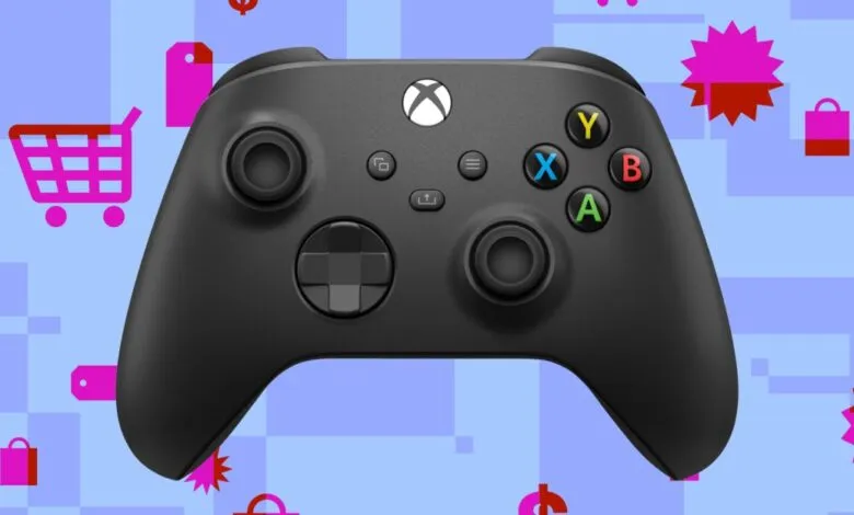 Black Xbox wireless controller centered against a blue background with shopping icons and price tags.