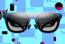 Sleek blue smart glasses float against a vibrant blue geometric background with shopping icons.
